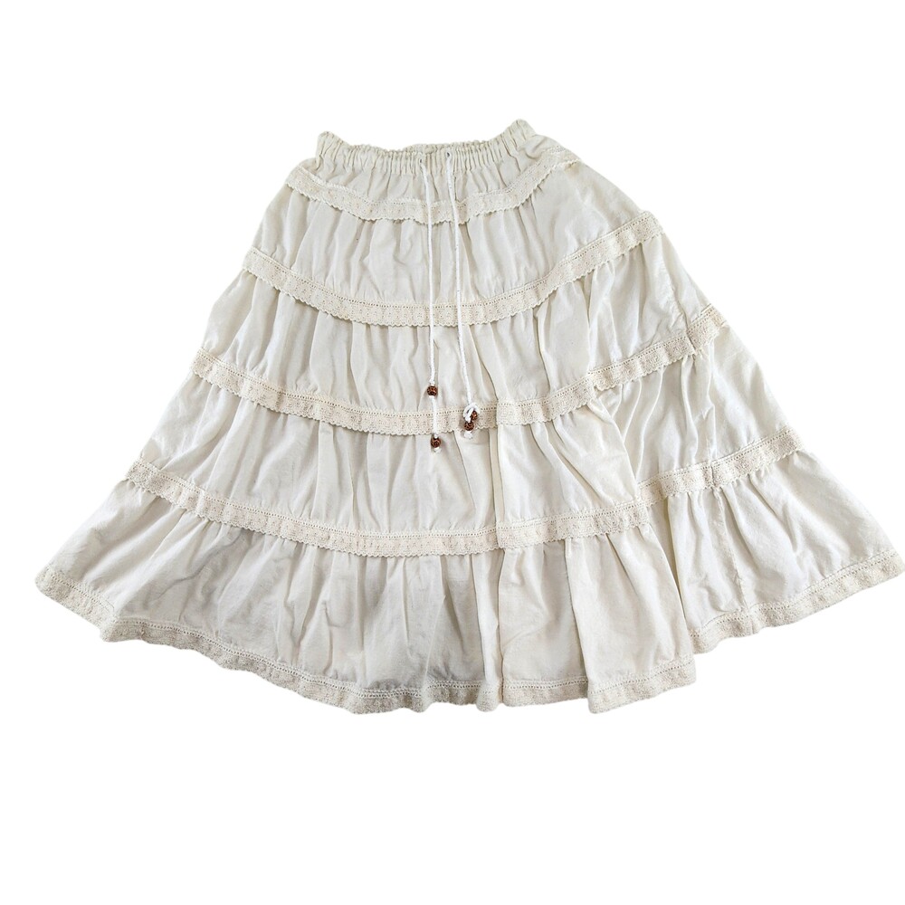 Peasant Skirt Full Circle Med White Tiered Lace Beaded Boho Festival Knee Length